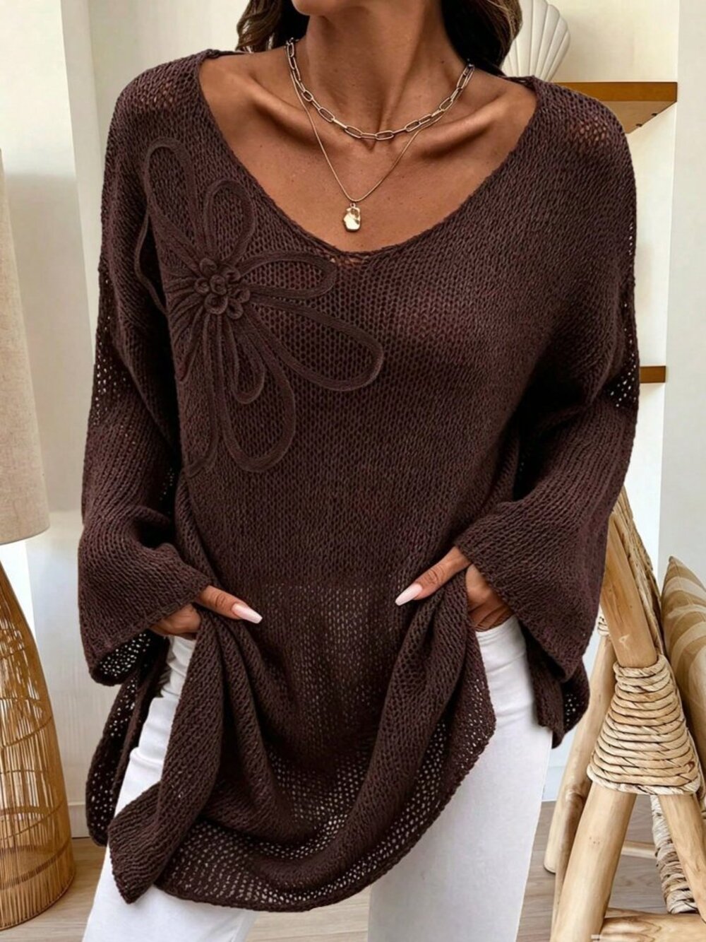 Coffee Brown Casual Women's Bohemian Style Mesh Knit Pullover Sweater